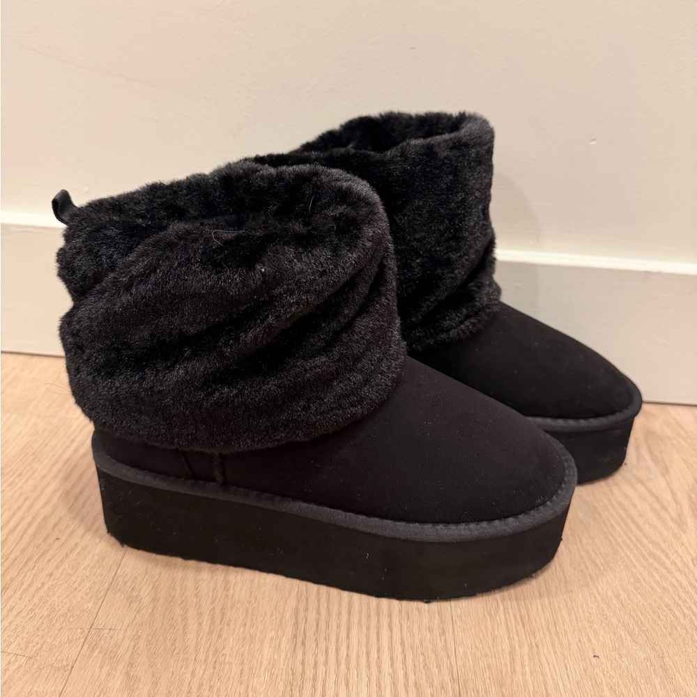 Black Faux Fur Winter Boots